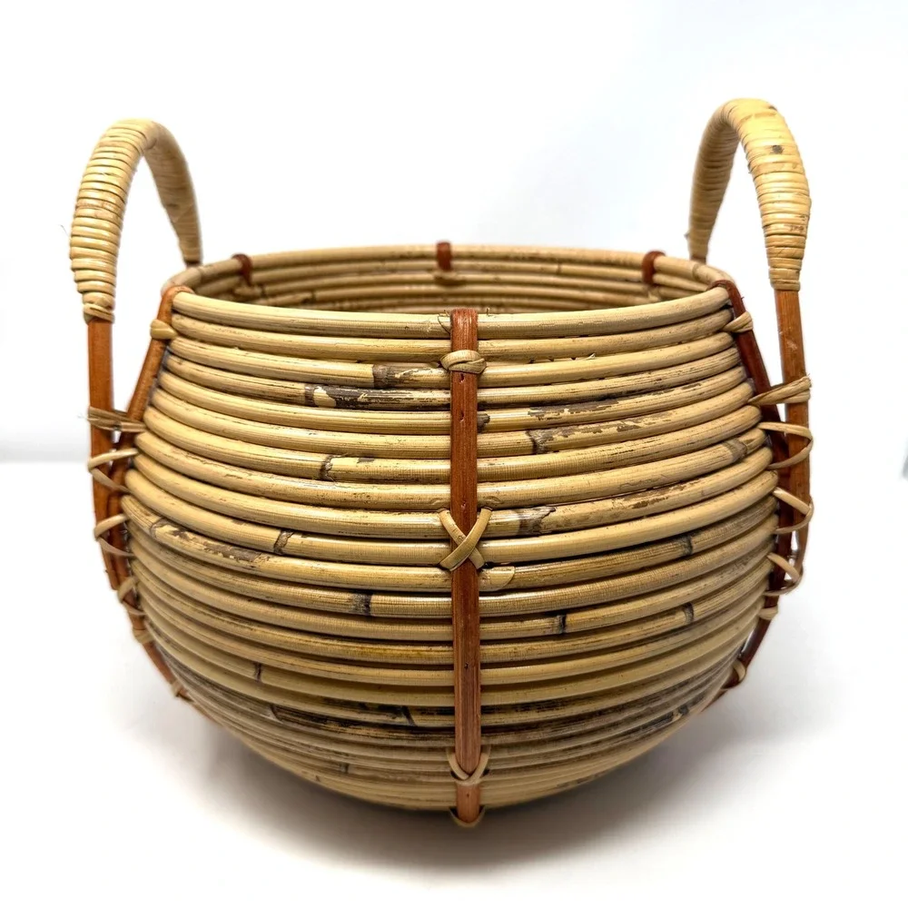 Handwoven Coiled Rattan Basket Round Bulbous‎ Boho Storage with Handles